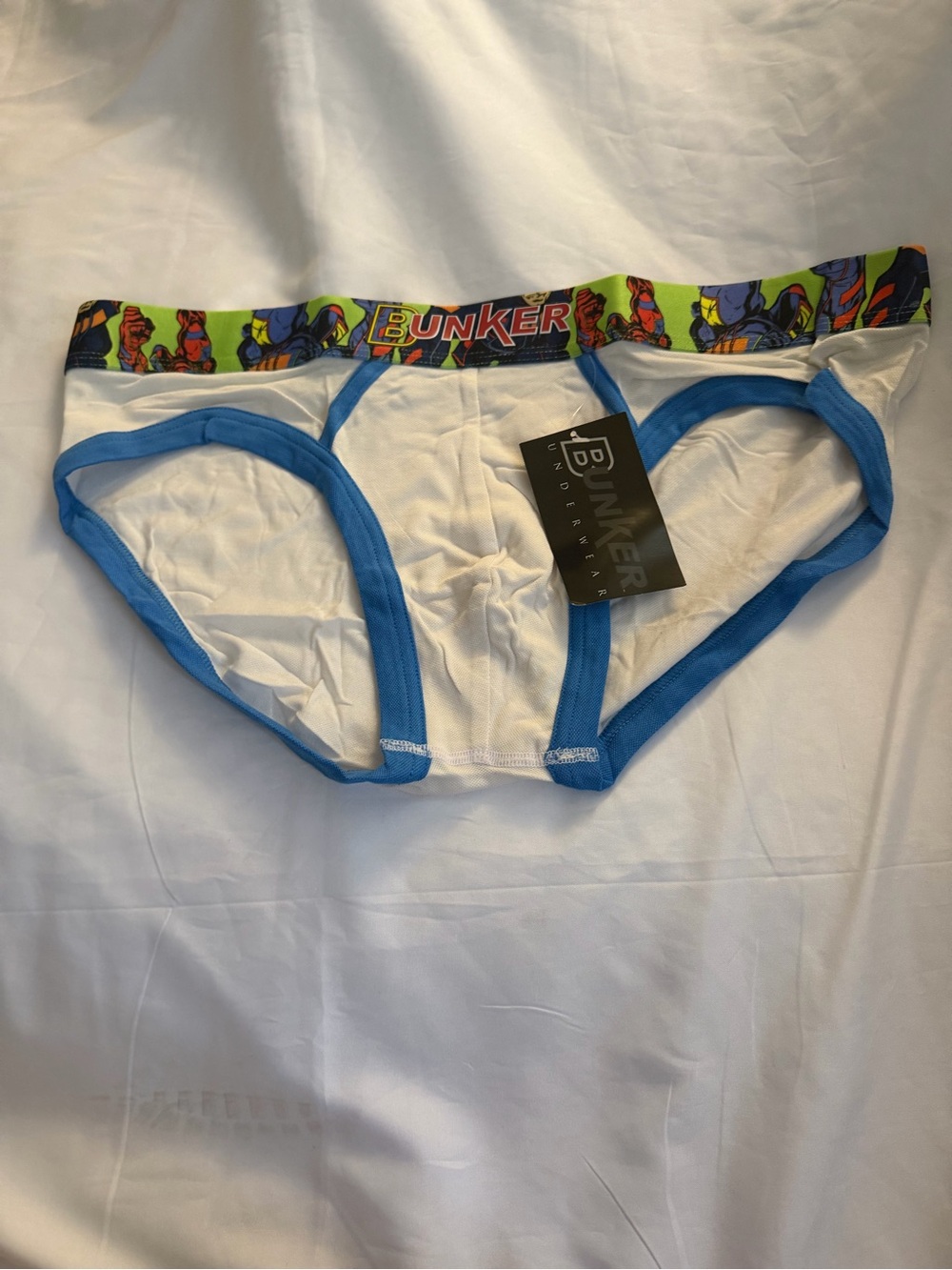 Men's White & Blue Briefs with Patterned Waistband